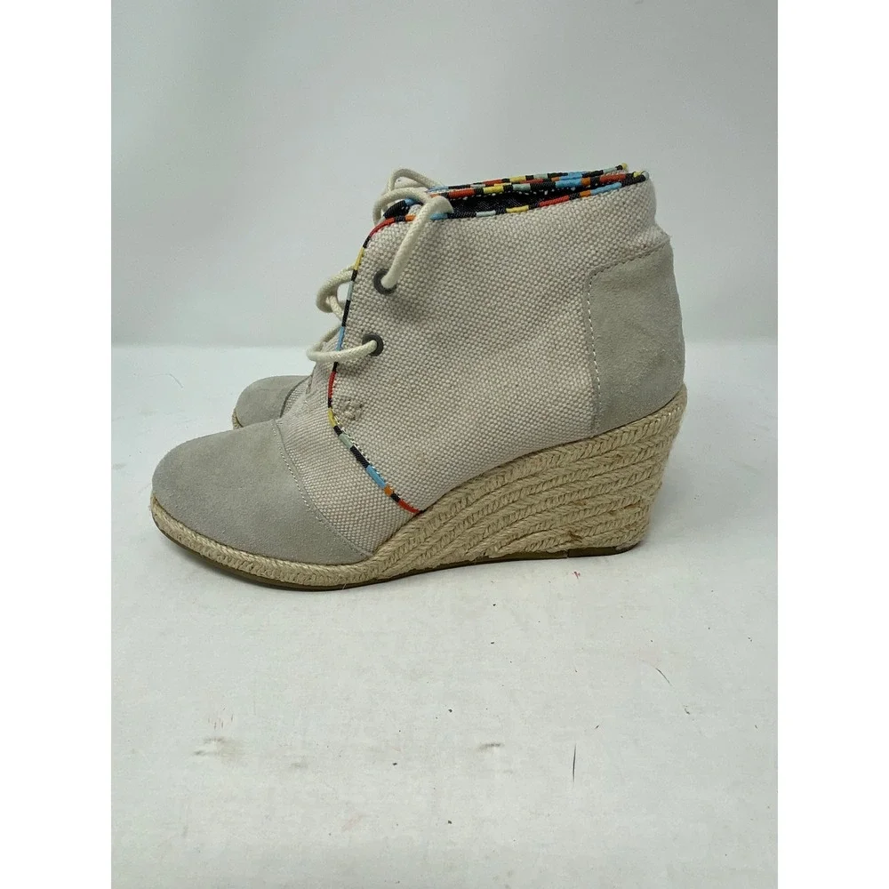 TOMS Desert Wedge Grey Canvas Suede Espadrille Lace Up Ankle Boots 681114